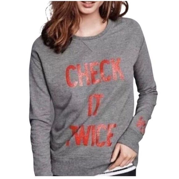 Victoria’s Secret Gray ‘Check It Twice’ Sweatshirt Size Small - Picture 1 of 7